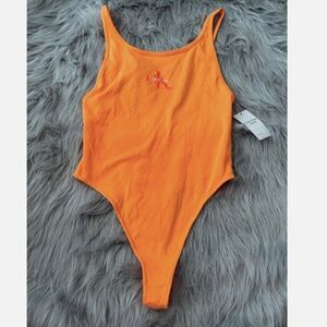 Calvin Klein Jeans Orange Monogram Logo Tank Scoop Back Thong Bodysuit Top XL